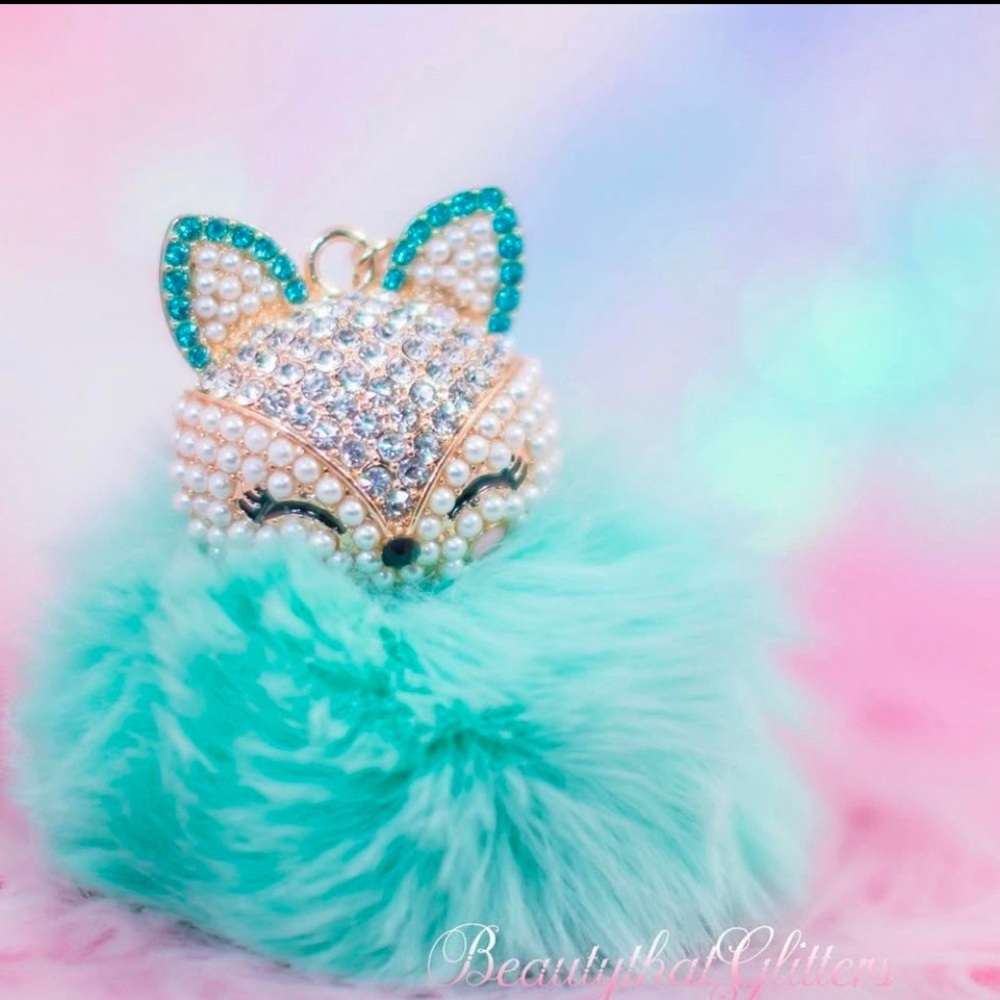 Sparkling Fox Pendant with Teal Pom-Pom